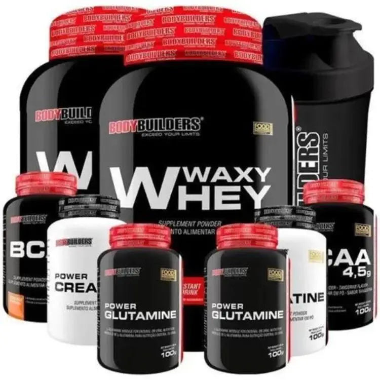 Kit 2x Whey Protein Waxy Whey 900g + 2x BCAA 100G + 2x Power Creatine 100G + 2x Glutamina 100G + Coqueteleira - Bodybuilders
